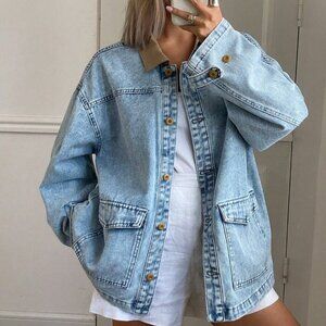 Medium Wash Casual Women's Contrast Color Collar Denim Jacket